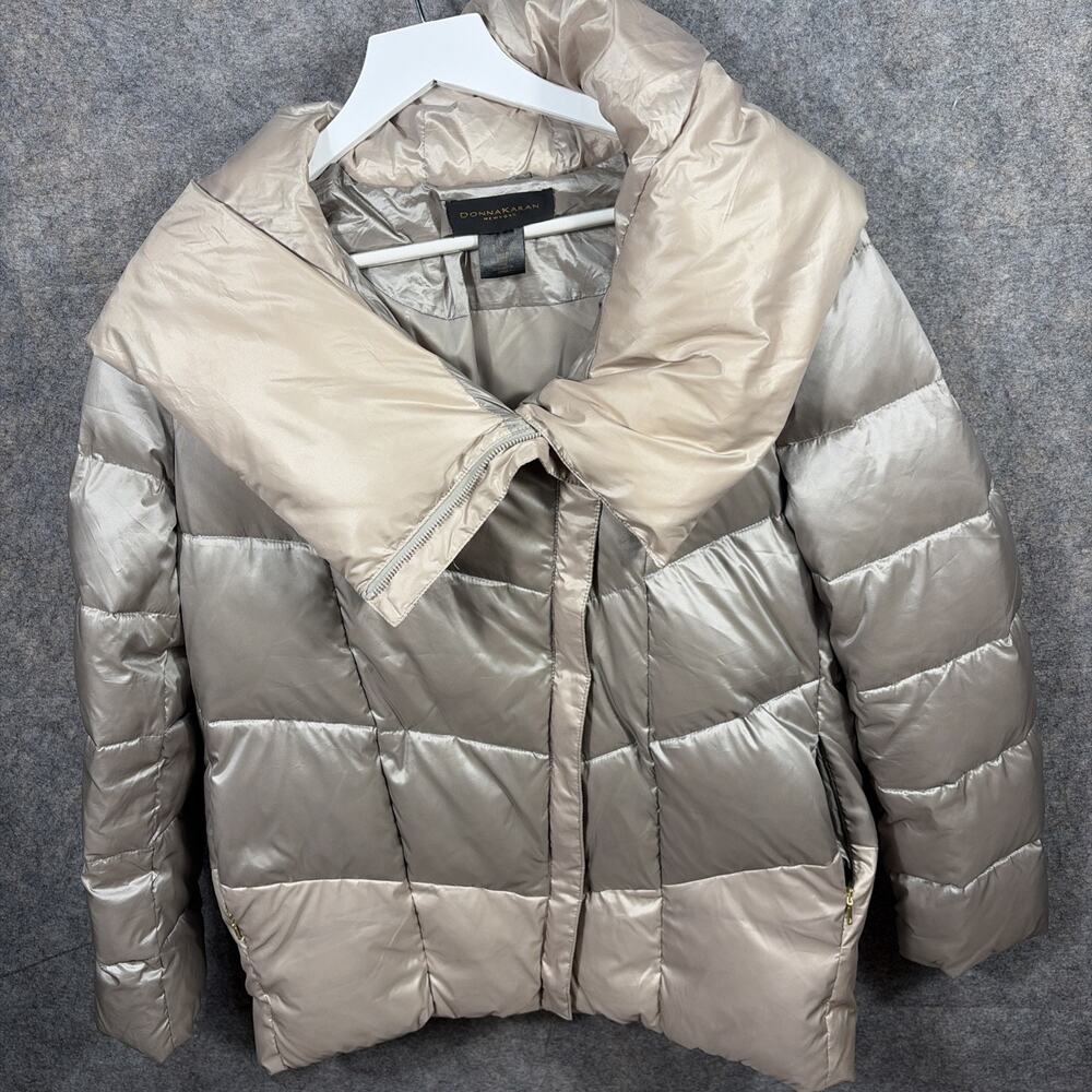 Donna Karan Women's Small Down Puffer Gold Jacket Asymmetric Zip Up CLEAN
